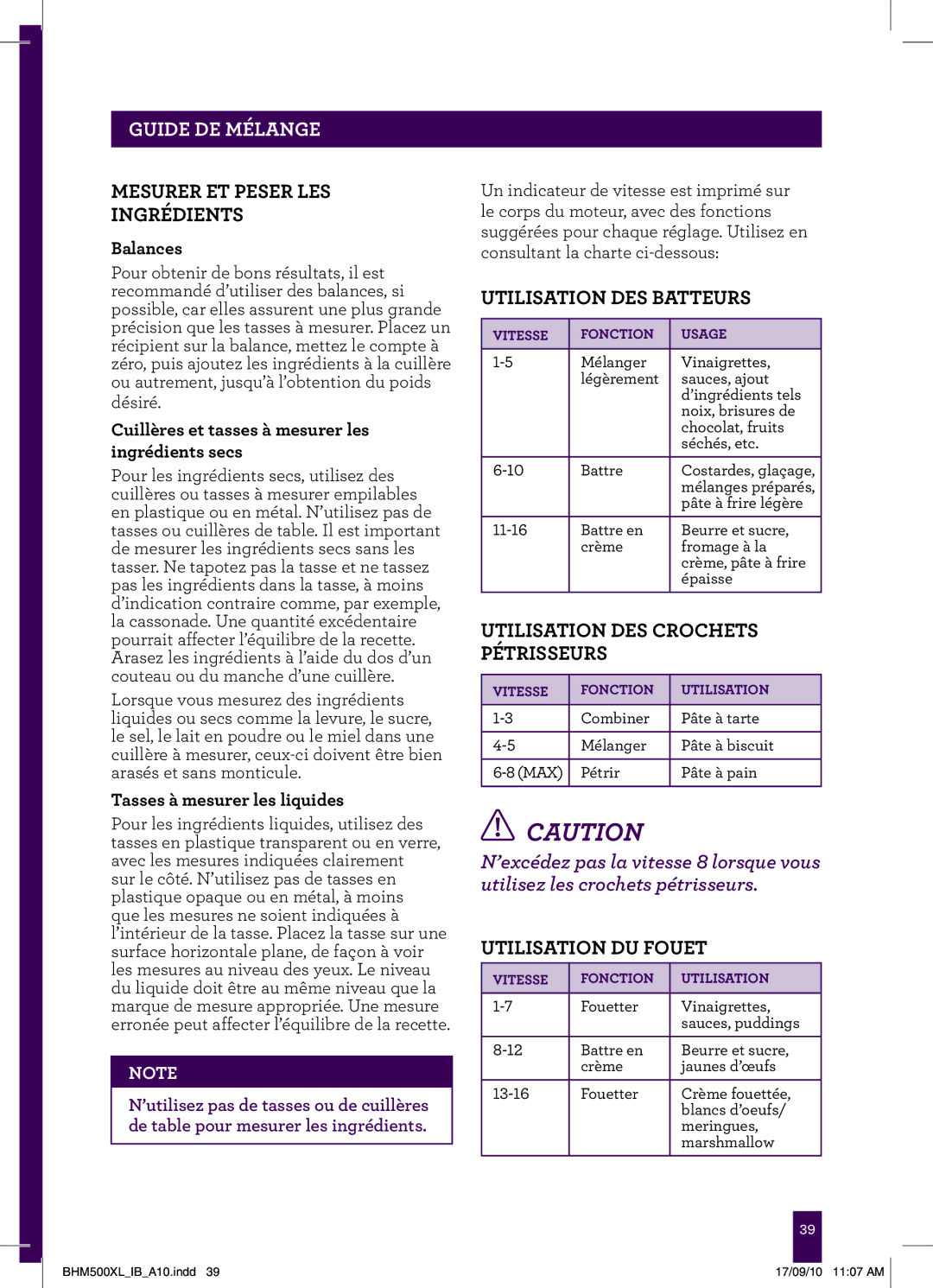 Breville BHM500XL manual Guide DE Mélange, Mesurer ET Peser LES Ingrédients, Utilisation DES Batteurs, Utilisation DU Fouet 