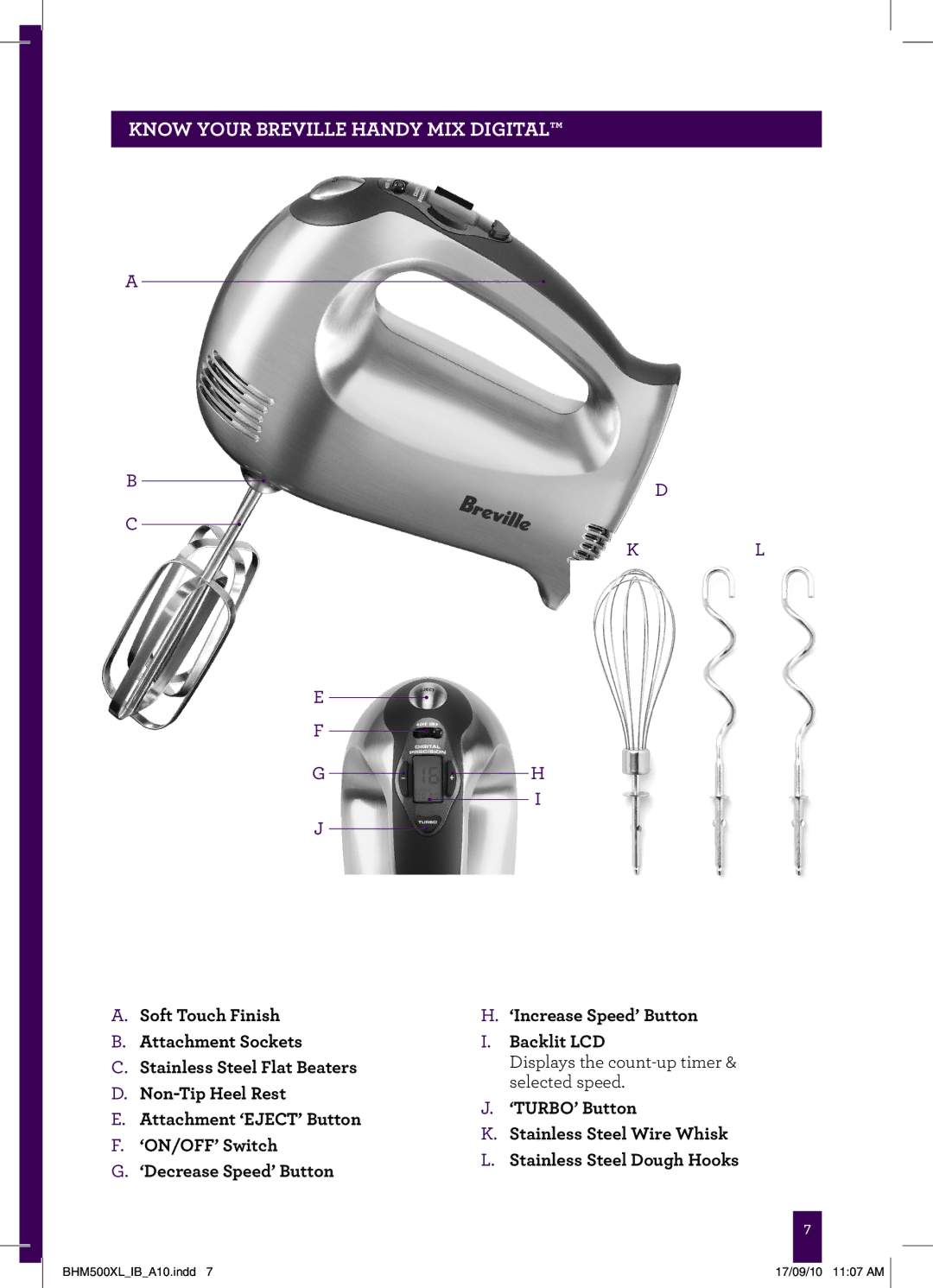 Breville BHM500WXL, BHM500XL, BHM500RXL manual Know your Breville Handy Mix Digital 