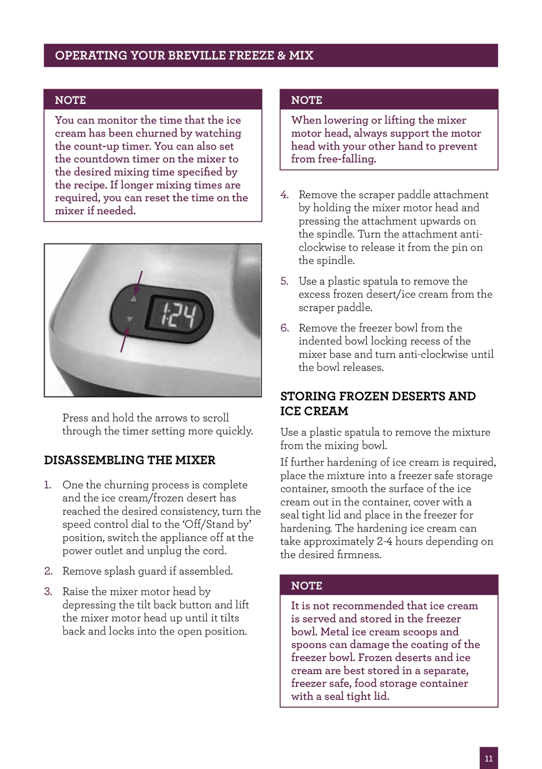 Breville BIA500 manual Disassembling the mixer, Storing Frozen Deserts and Ice Cream 