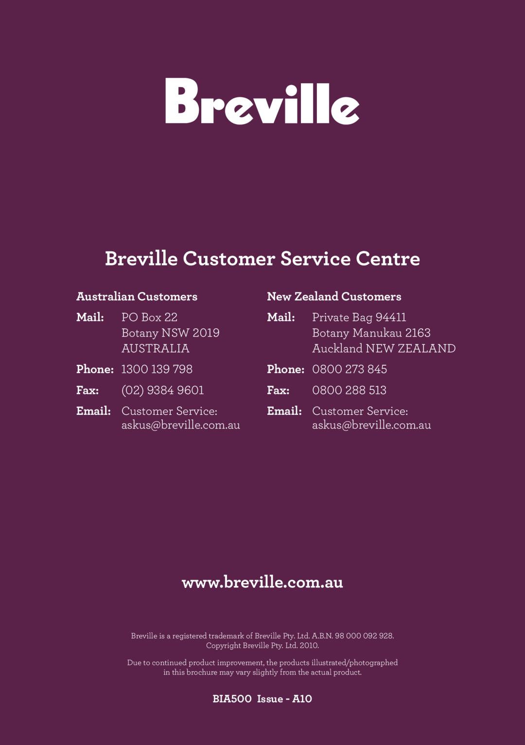 Breville BIA500 manual Australian Customers, New Zealand Customers, Mail, Phone, Email, Breville Customer Service Centre 