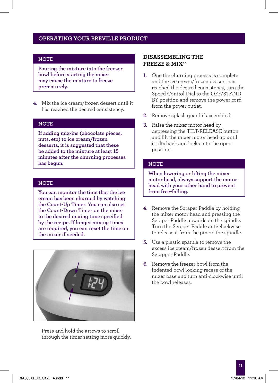 Breville BIA500XL manual Disassembling Freeze & Mix 