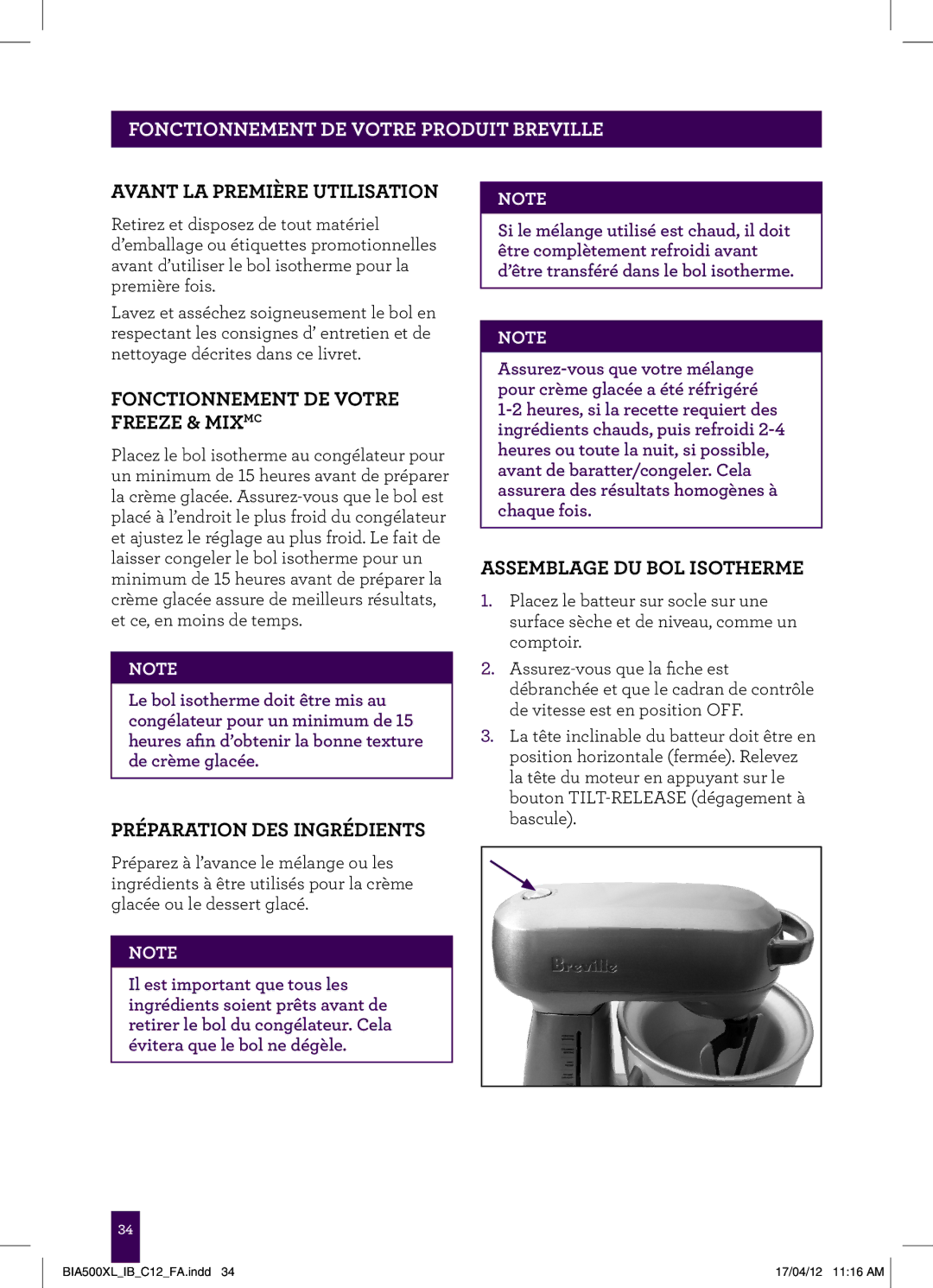 Breville BIA500XL manual PAgeFONCTIONNEMENTheader..... DE Votre Produit Breville, Avant LA Première Utilisation 