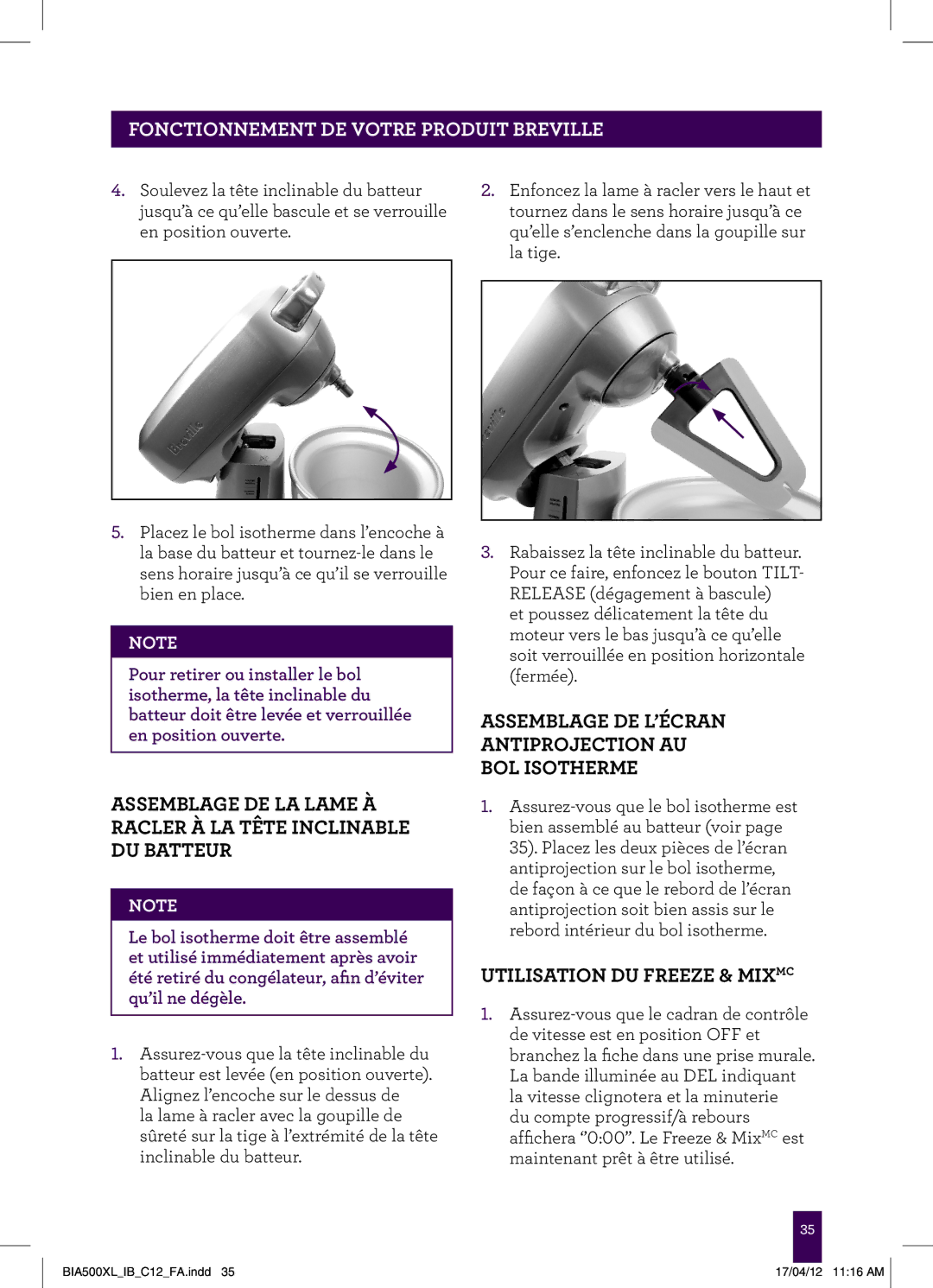 Breville BIA500XL manual Assemblage DE L’ÉCRAN Antiprojection AU BOL Isotherme, Utilisation DU Freeze & Mixmc 