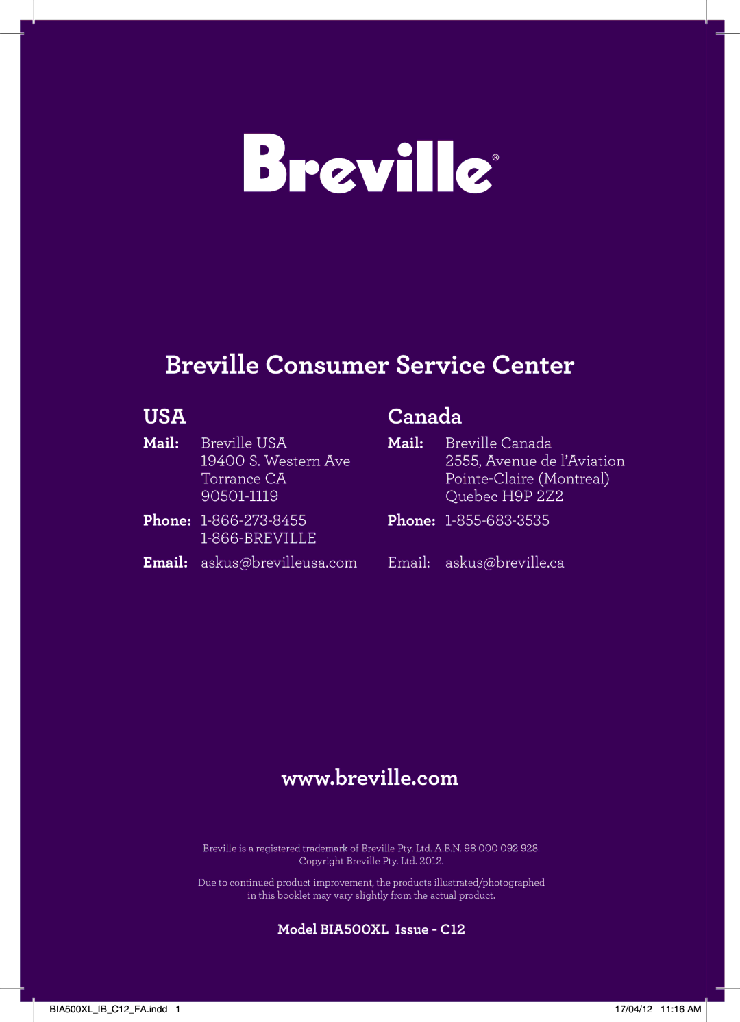 Breville BIA500XL manual Mail, Phone 