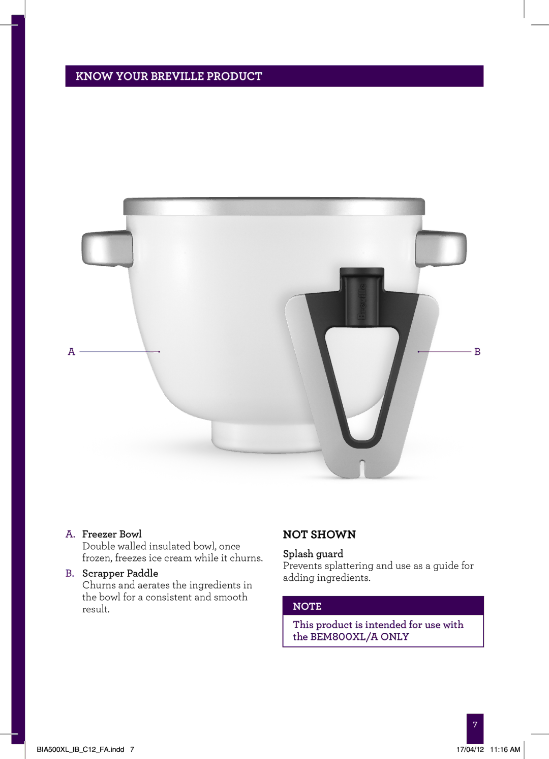 Breville BIA500XL manual Know your Breville product, Not Shown 