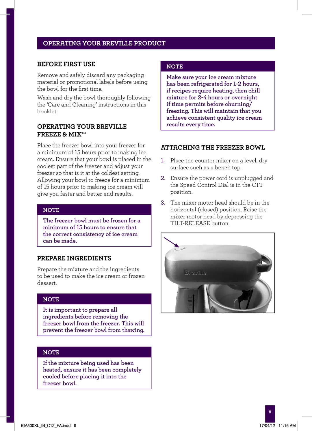 Breville BIA500XL manual Operating Your Breville product, Before first use, Operating your Breville Freeze & Mix 