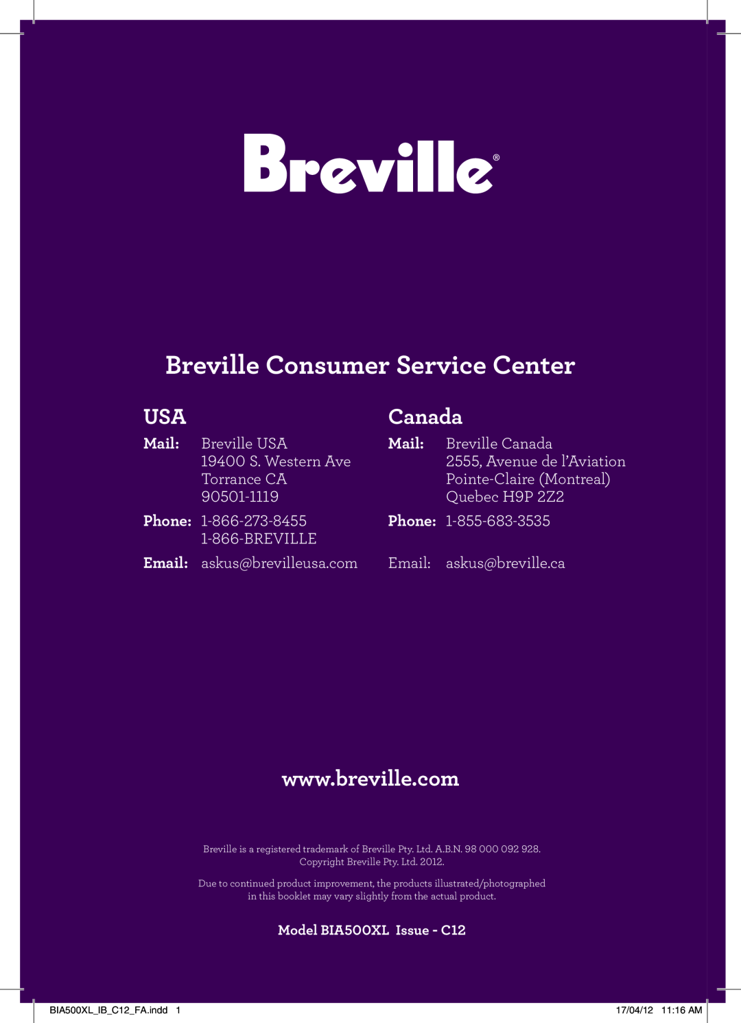 Breville BIA500XL manual Mail, Phone, Email, Breville Consumer Service Center, Canada 