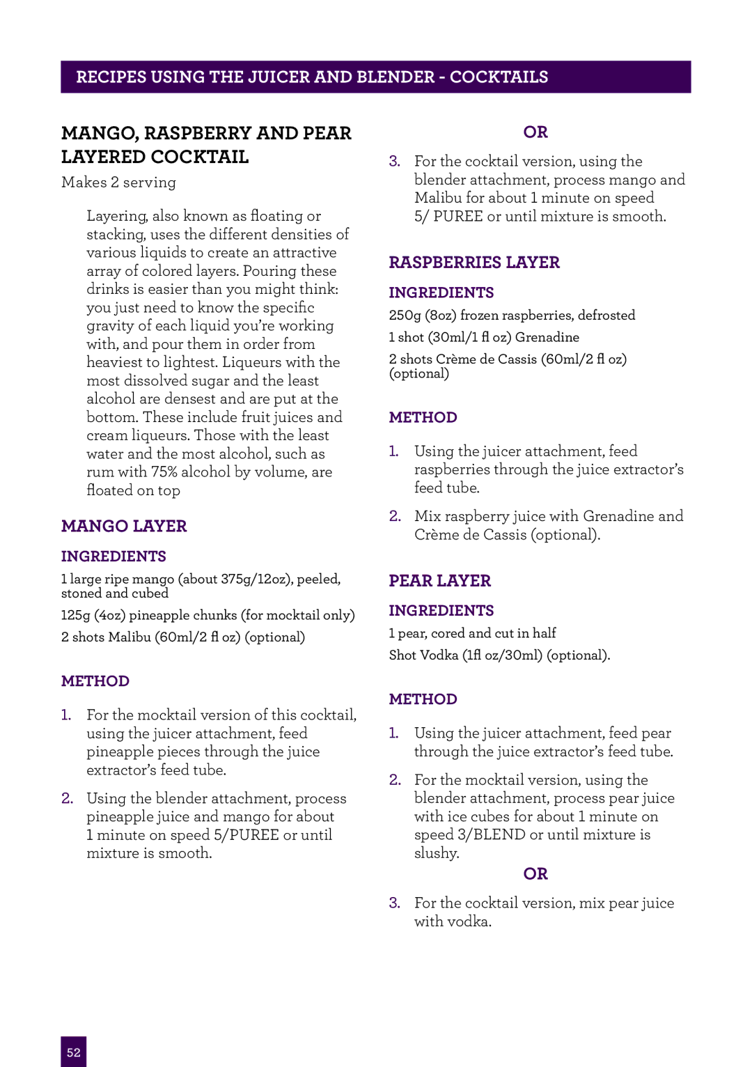 Breville BJB840 manual Mango, Raspberry and Pear Layered Cocktail, Mango Layer 