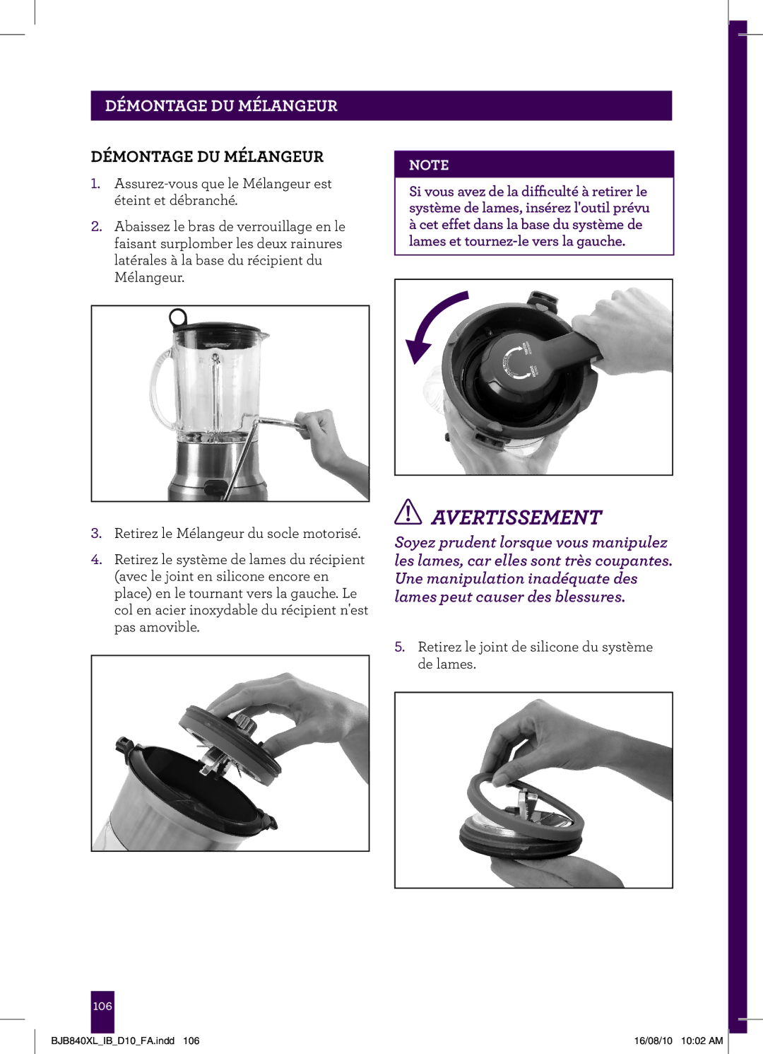 Breville BJB840XL manual Démontage du Mélangeur 