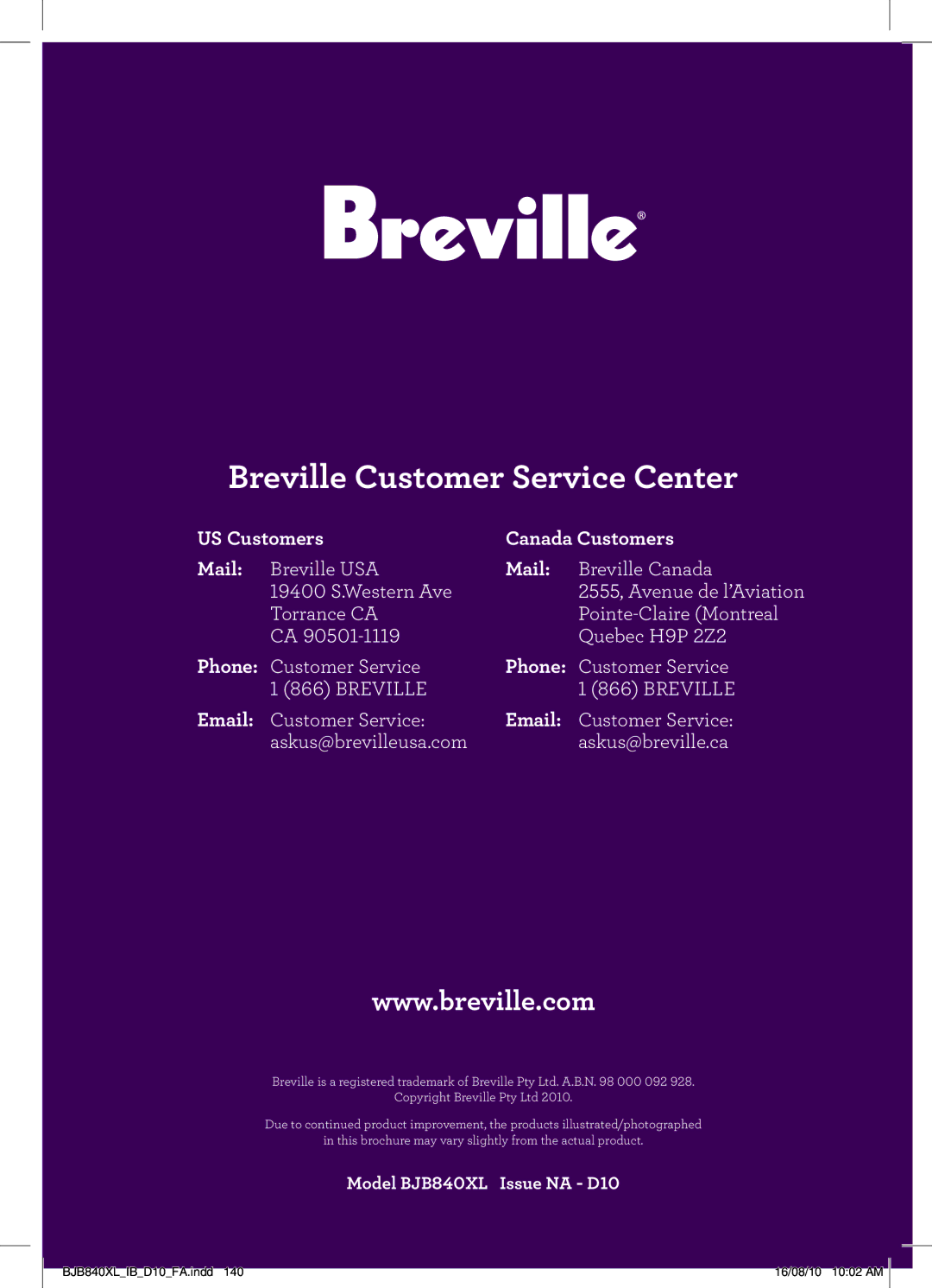 Breville BJB840XL manual Breville Customer Service Center, US Customers Canada Customers Mail 