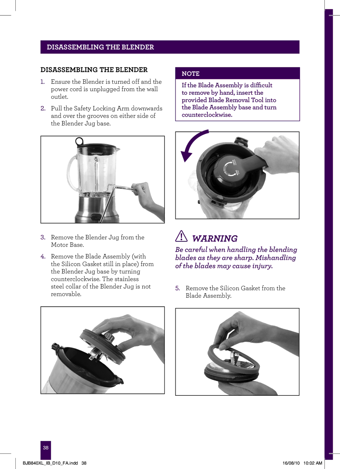 Breville BJB840XL manual Disassembling the Blender 