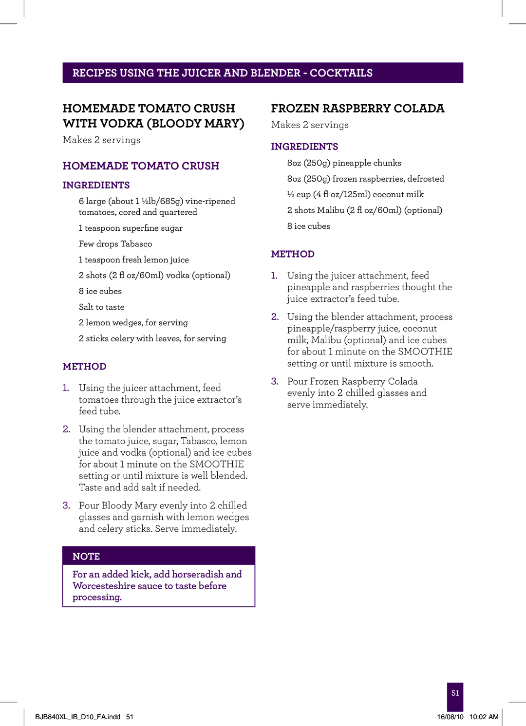 Breville BJB840XL manual Homemade Tomato Crush with Vodka Bloody Mary, Frozen Raspberry Colada 