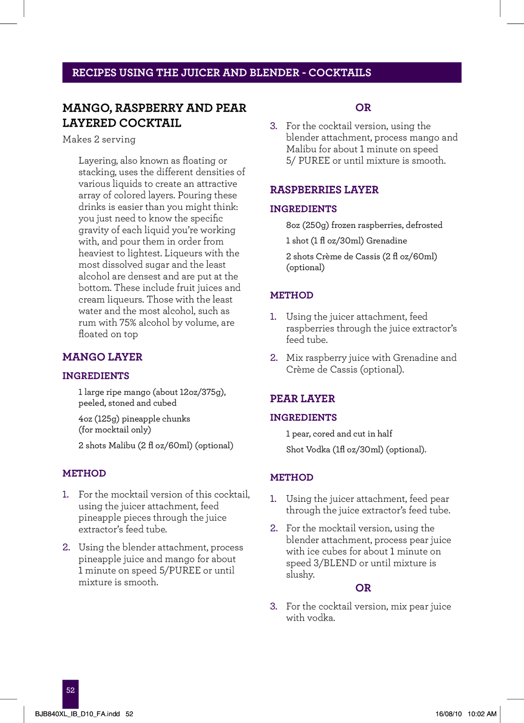 Breville BJB840XL manual Mango, Raspberry and Pear Layered Cocktail, Mango Layer 