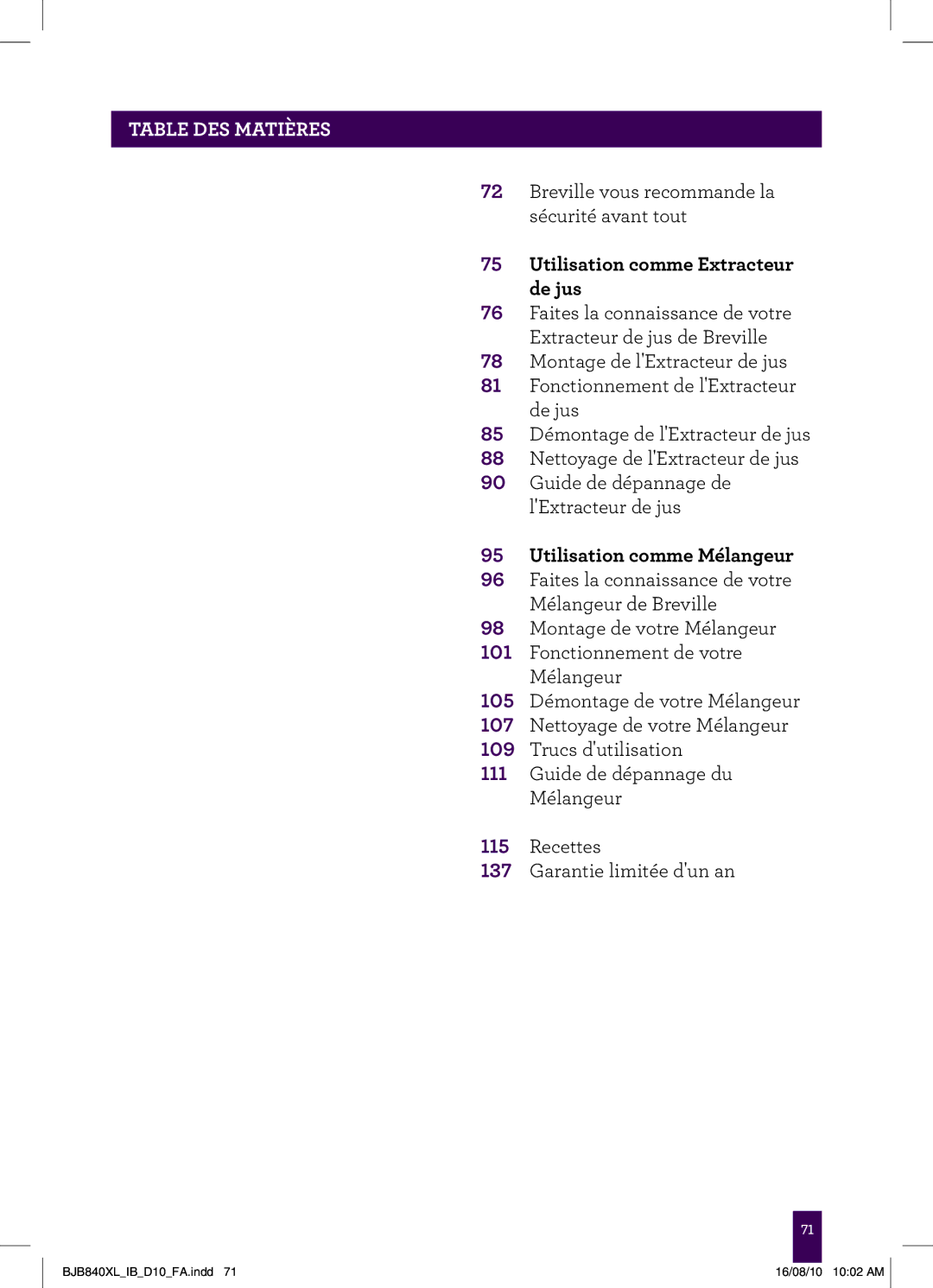 Breville BJB840XL manual Table DES Matières, Utilisation comme Extracteur de jus, Utilisation comme Mélangeur 