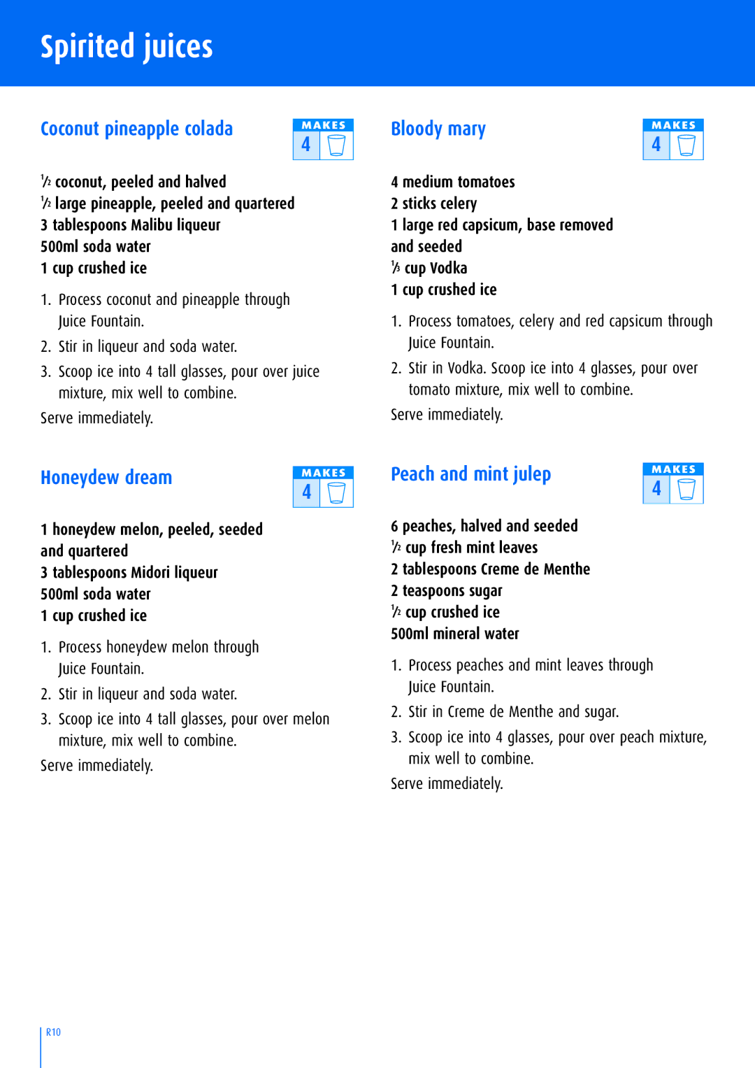 Breville BJE200C manual Spirited juices, Coconut pineapple colada, Bloody mary, Honeydew dream, Peach and mint julep 