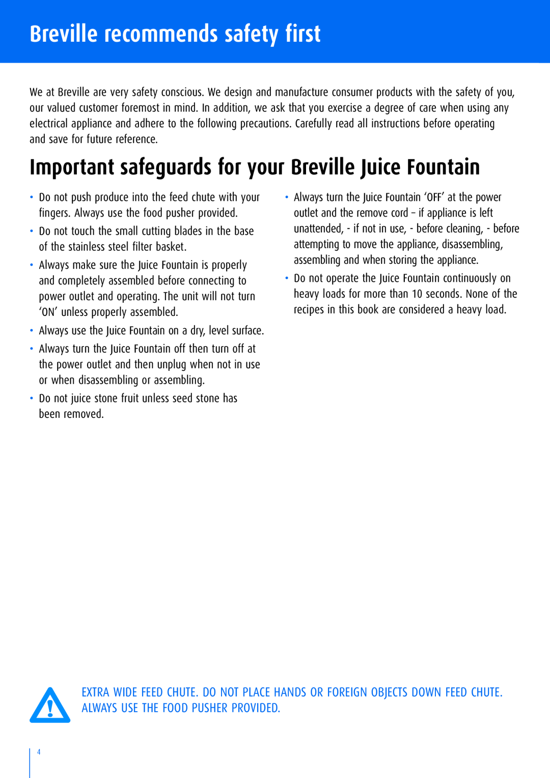 Breville BJE200C manual Breville recommends safety first, Important safeguards for your Breville Juice Fountain 