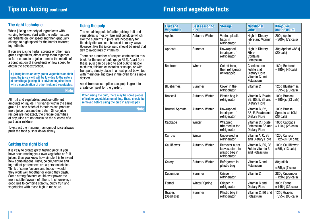 Breville BJE410 manual Fruit and vegetable facts, Right technique, Getting the right blend, Using the pulp 
