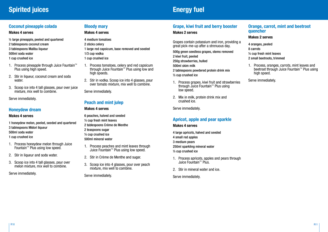 Breville BJE410 manual Spirited juices, Energy fuel 