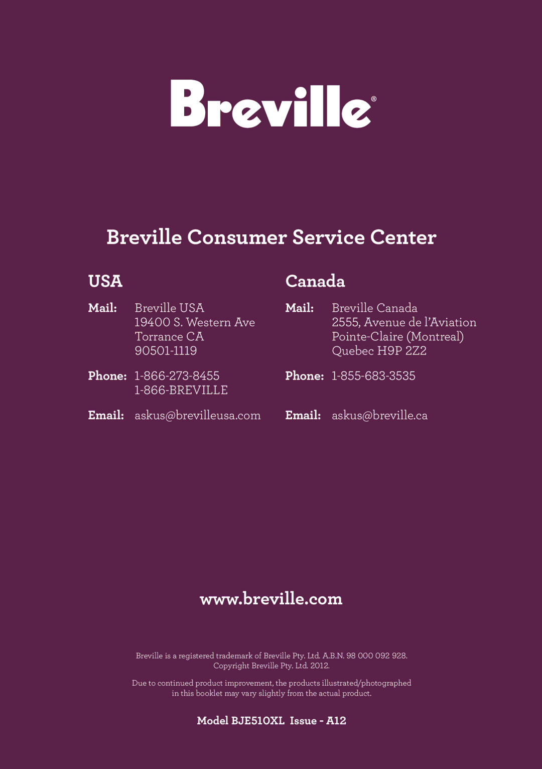 Breville BJE510XL manual Mail, Phone 