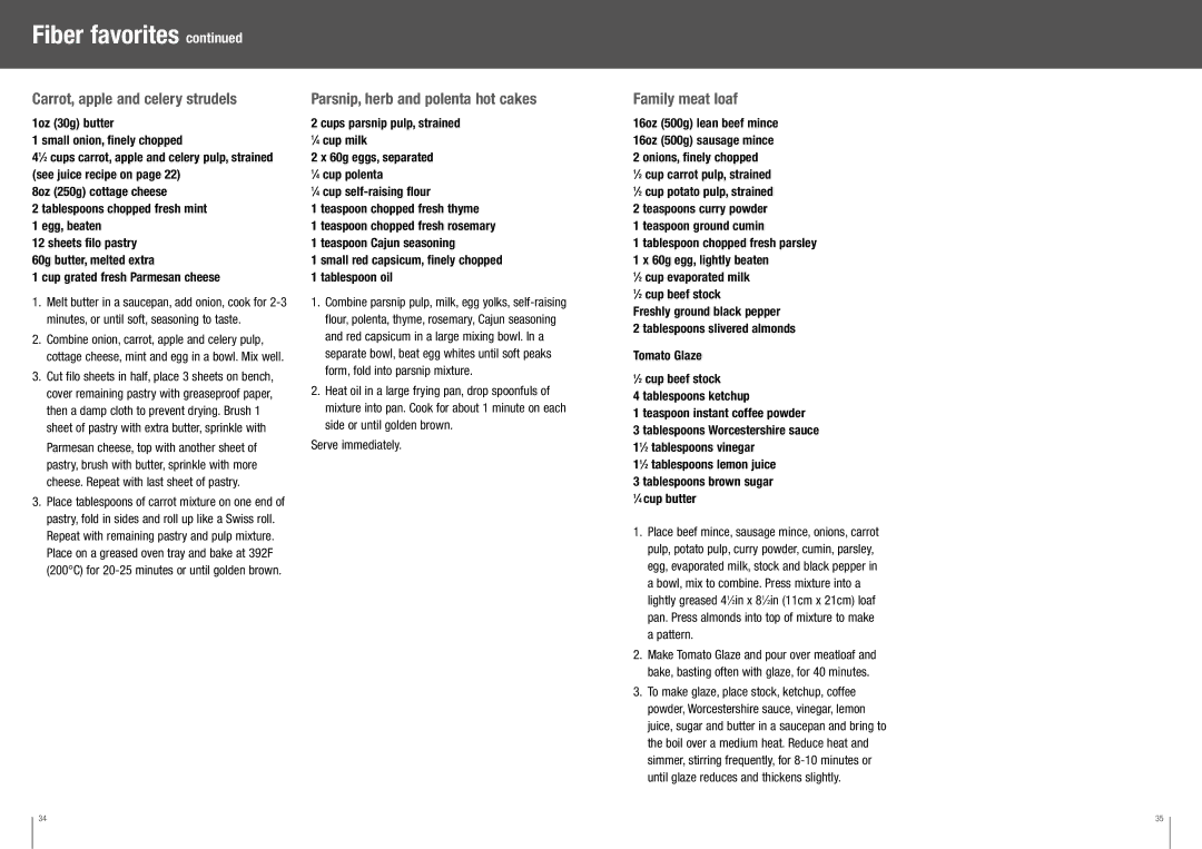Breville BJE510XL manual Carrot, apple and celery strudels, Parsnip, herb and polenta hot cakes, Family meat loaf 