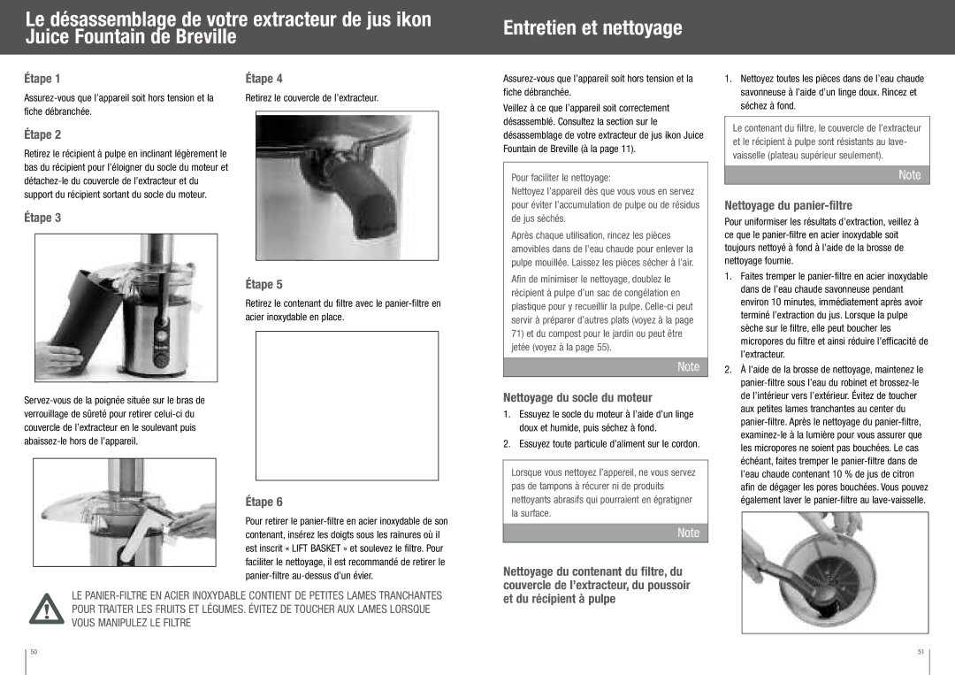 Breville BJE510XL manual Entretien et nettoyage, Nettoyage du socle du moteur, Nettoyage du panier-filtre 