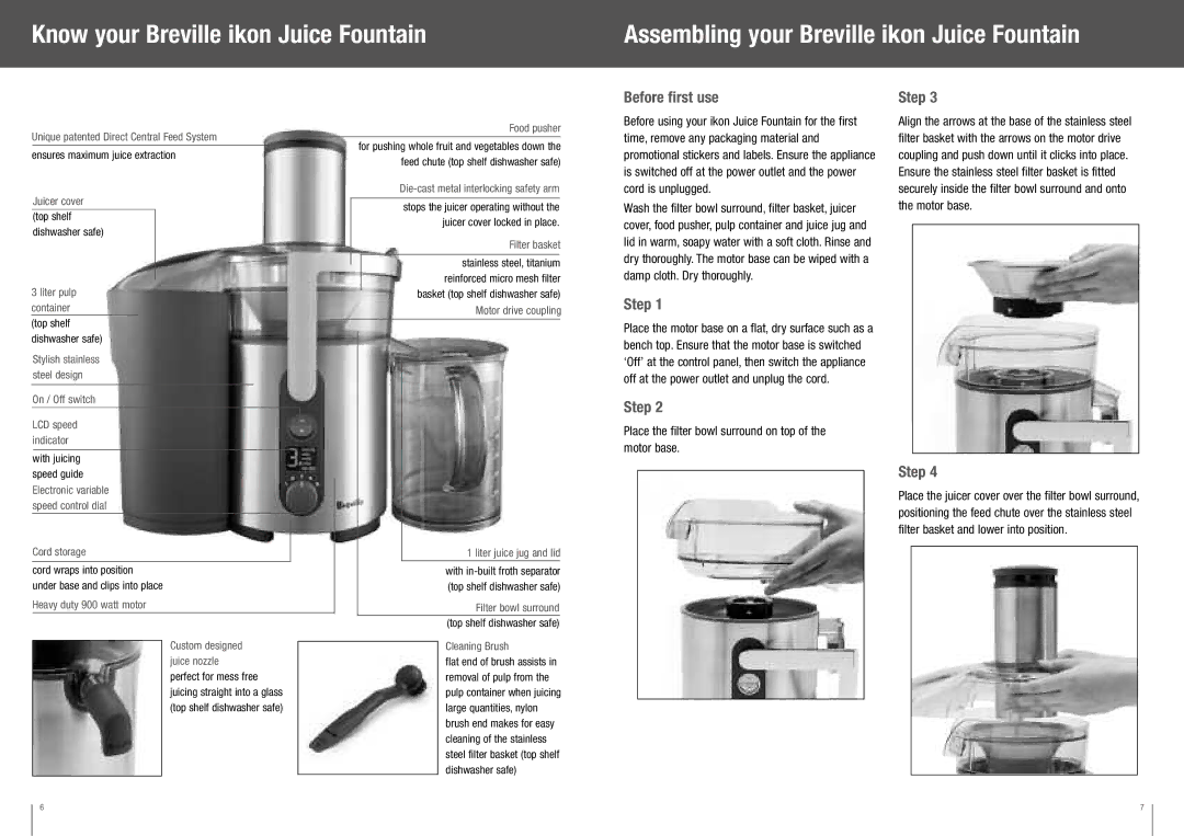 Breville BJE510XL manual Before first use Step, Place the filter bowl surround on top of the motor base 