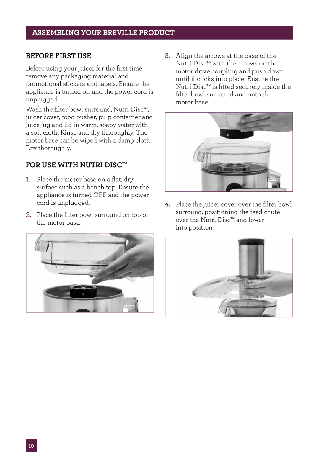 Breville BJE510XL/A manual PAgessemblingheaderyour..... Breville Product, Before first use, For use with NutRI Disc 