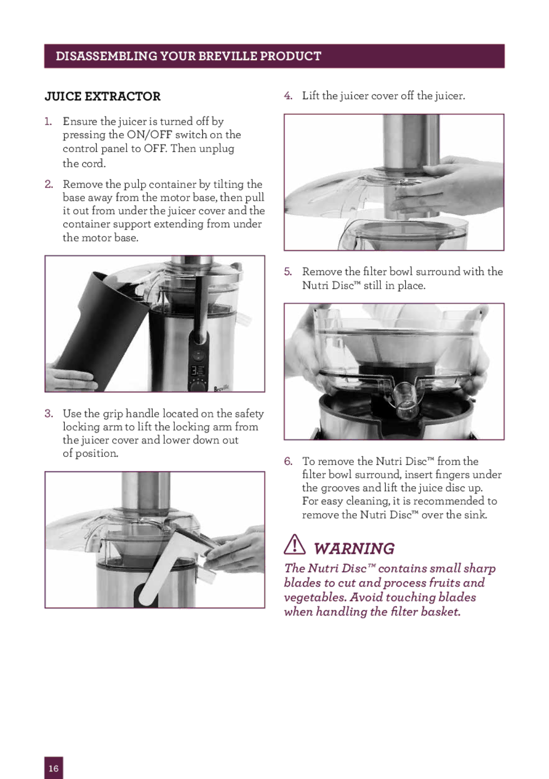 Breville BJE510XL/A manual PAgeDisasshemblingader.....your Breville Product, Juice Extractor 