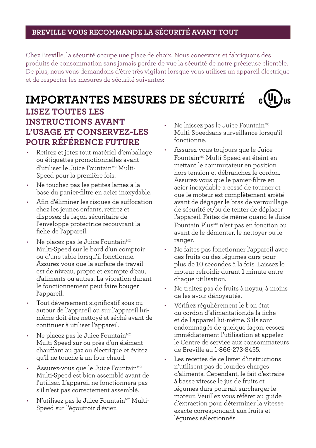 Breville BJE510XL/A manual Importantes Mesures DE Sécurité, Breville Vous Recommande LA Sécurité Avant Tout 