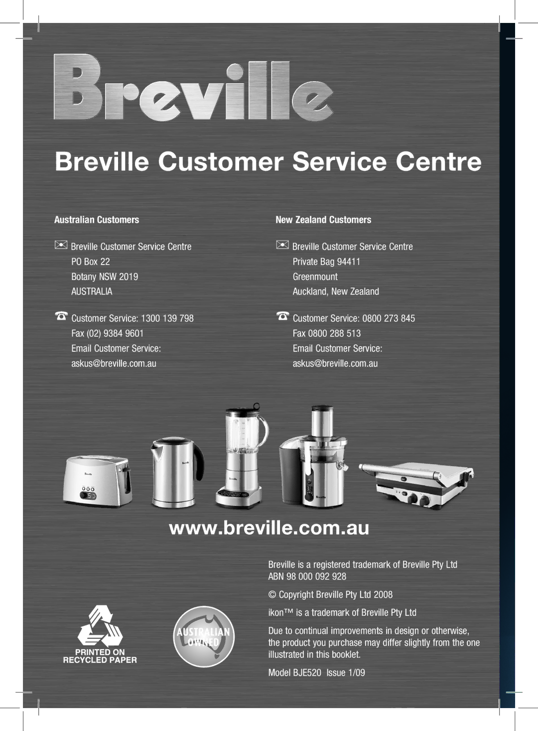 Breville BJE520 manual Breville Customer Service Centre 