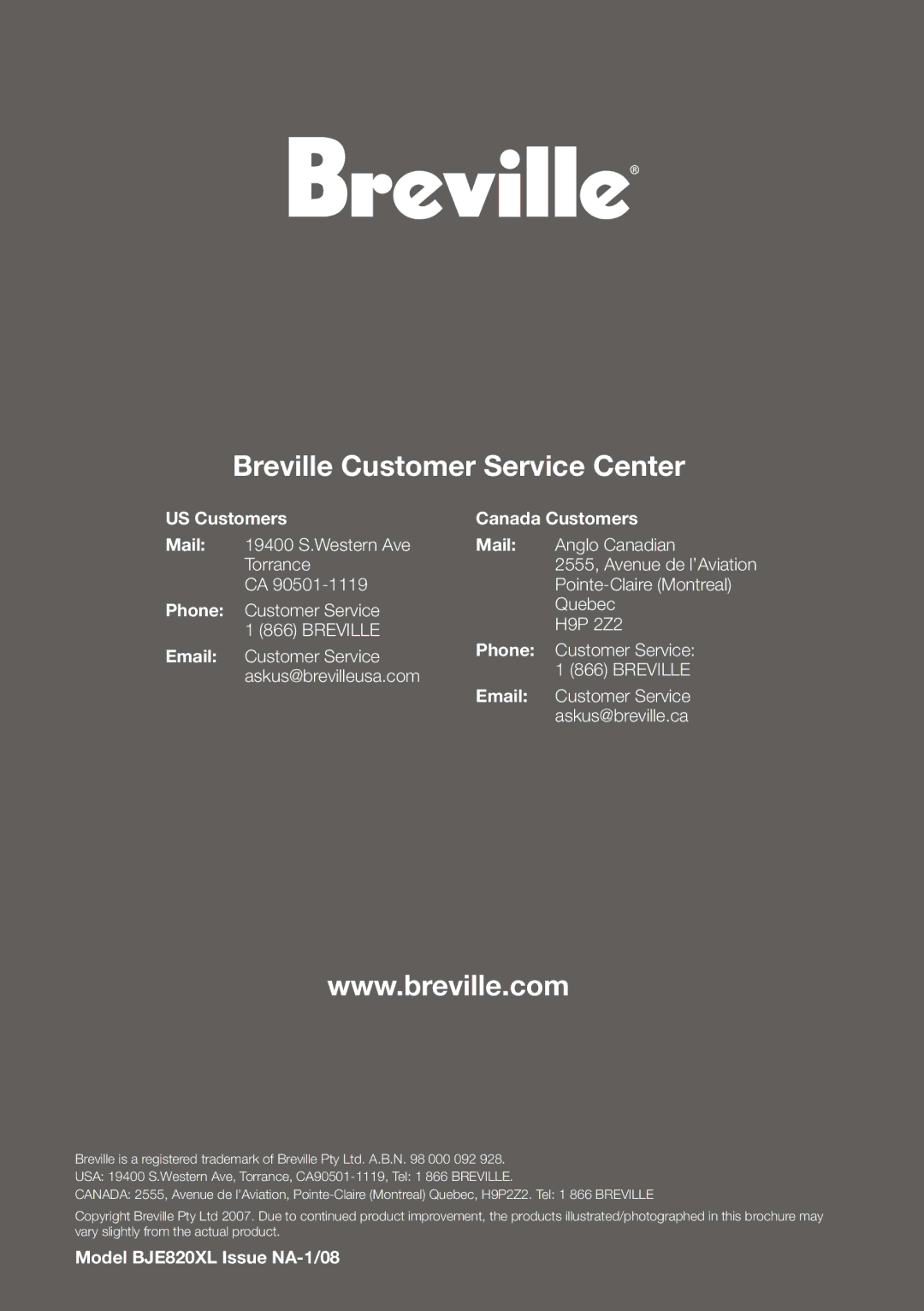 Breville BJE820XL manual Breville Customer Service Center 