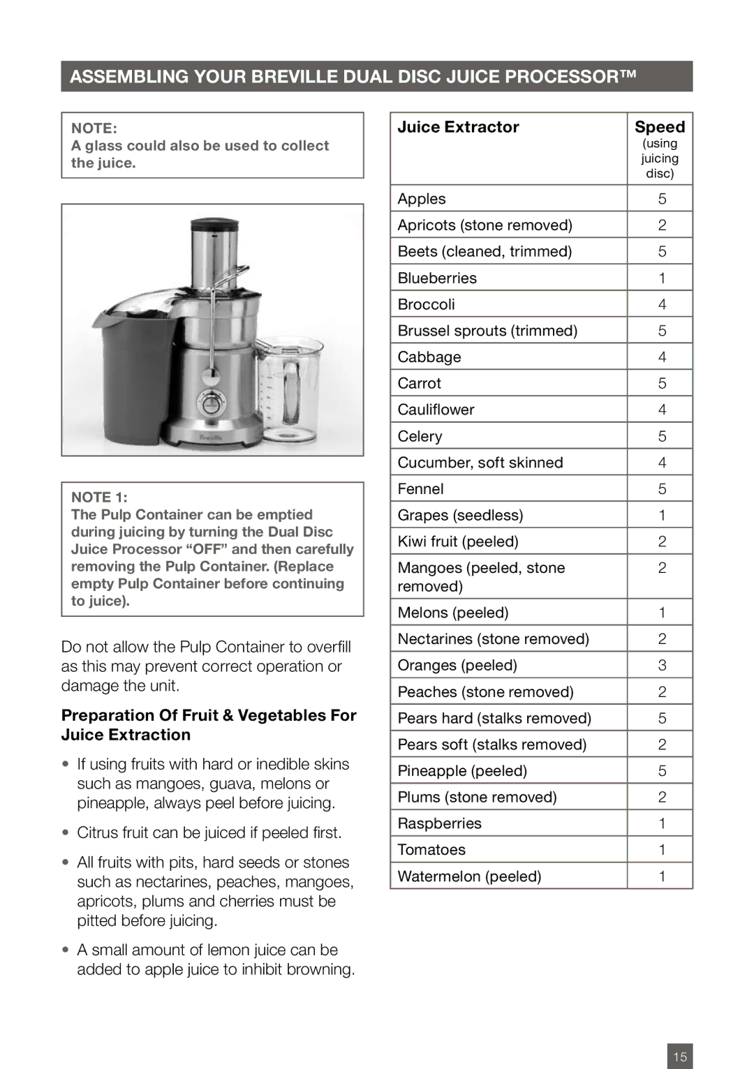 Breville BJE820XL manual Preparation Of Fruit & Vegetables For Juice Extraction, Juice Extractor Speed 