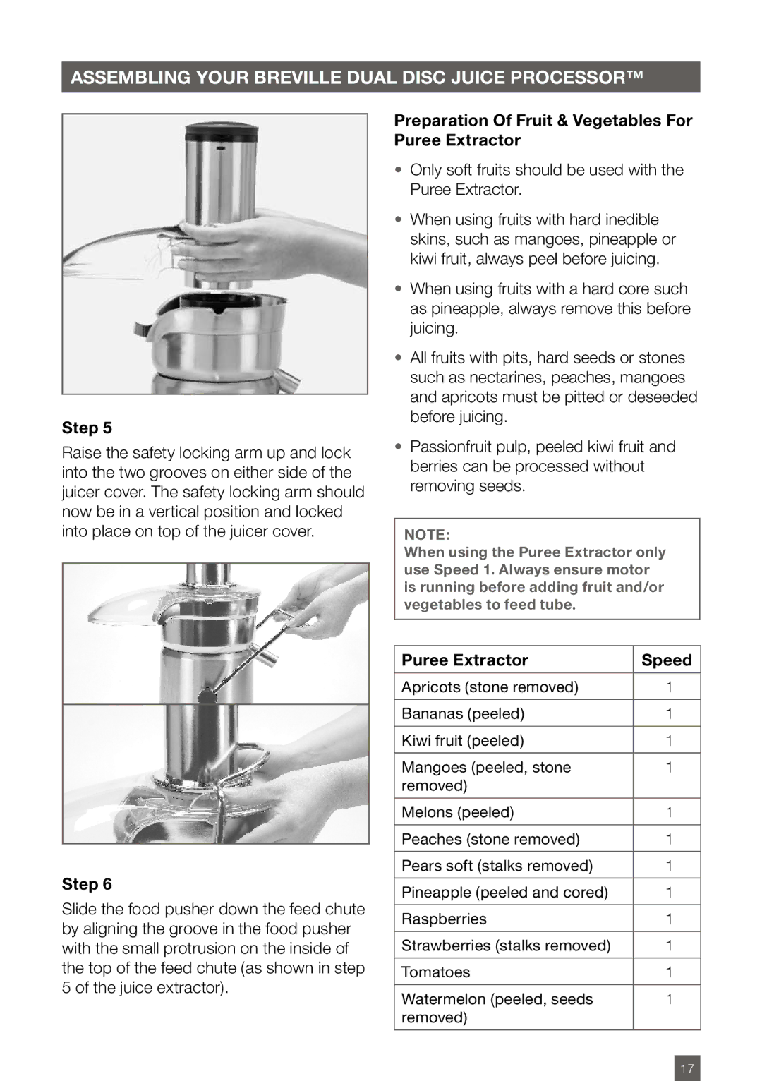 Breville BJE820XL manual Preparation Of Fruit & Vegetables For Puree Extractor, Puree Extractor Speed 