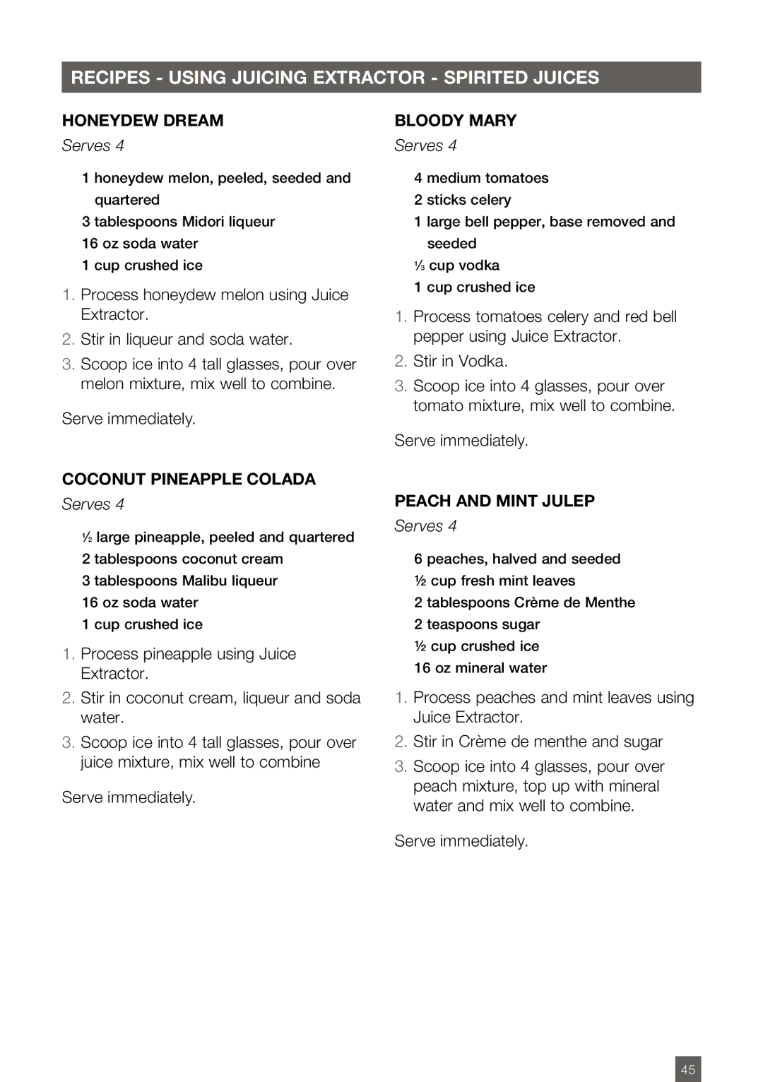 Breville BJE820XL Recipes using juicing extractor Spirited Juices, Honeydew Dream, Coconut Pineapple Colada, Bloody Mary 