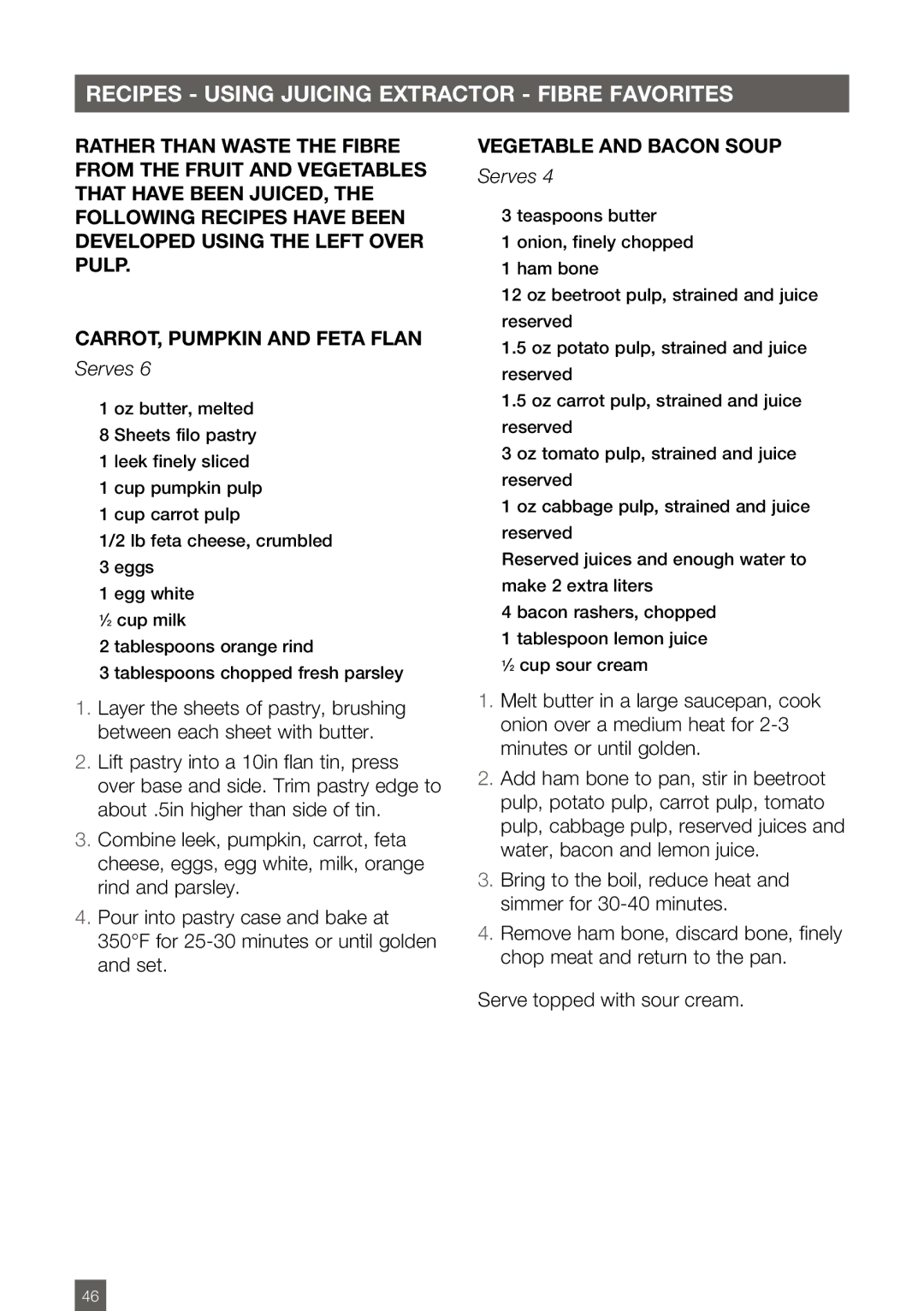 Breville BJE820XL Recipes using juicing extractor Fibre favorites, CARROT, Pumpkin and Feta Flan, Vegetable and Bacon Soup 