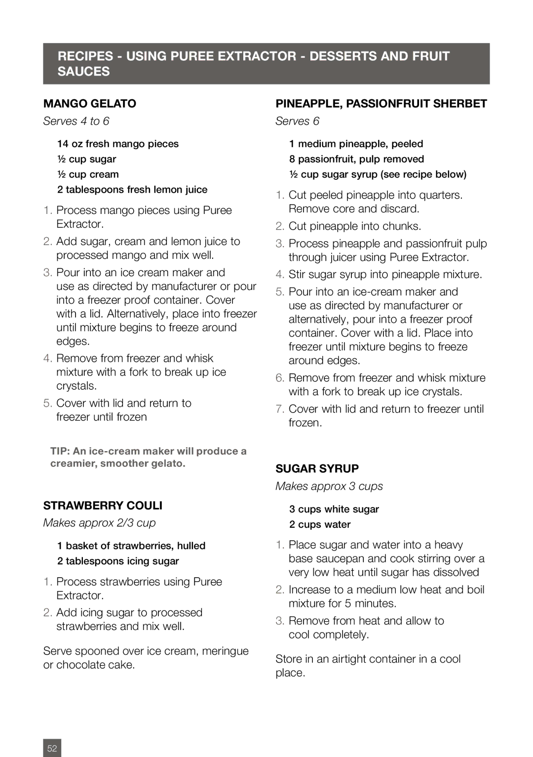 Breville BJE820XL Recipes using Puree extractor Desserts and Fruit Sauces, Mango Gelato, Strawberry Couli, Sugar Syrup 