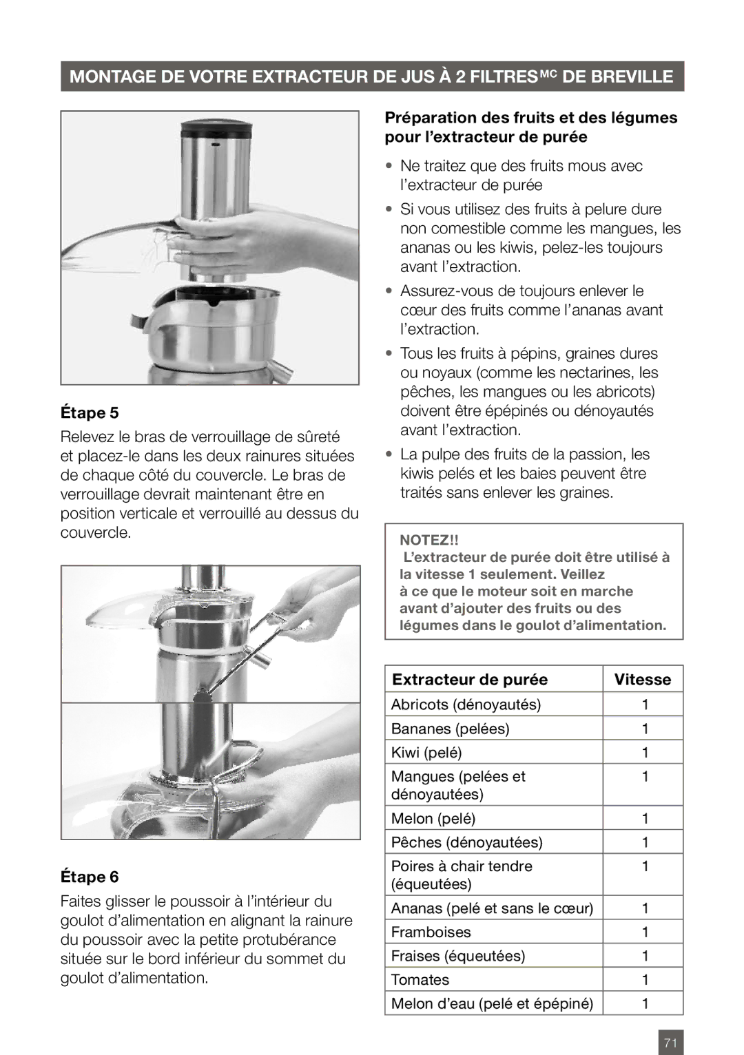 Breville BJE820XL manual Extracteur de purée Vitesse 