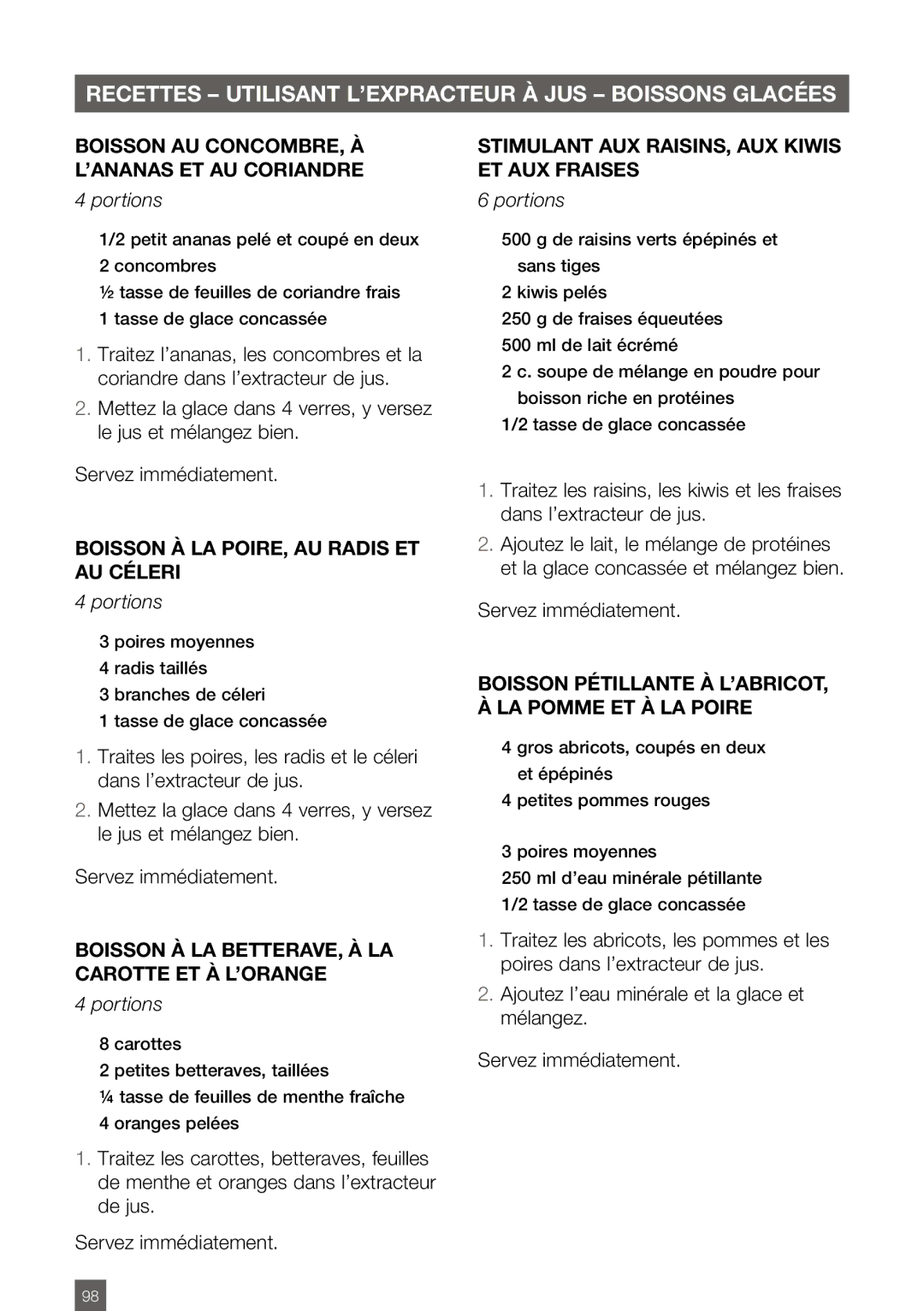 Breville BJE820XL manual Boisson au CONCOMBRE, à l’ANANAS et au Coriandre, Boisson à la POIRE, au Radis et au Céleri 