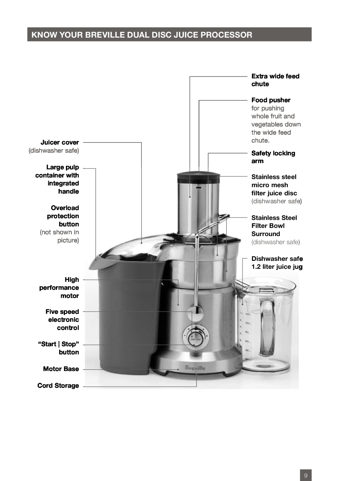 Breville BJE820XL KNOW YOUR BREVILLE Dual disc juice processor, Juicer cover, dishwasher safe, Overload protection button 