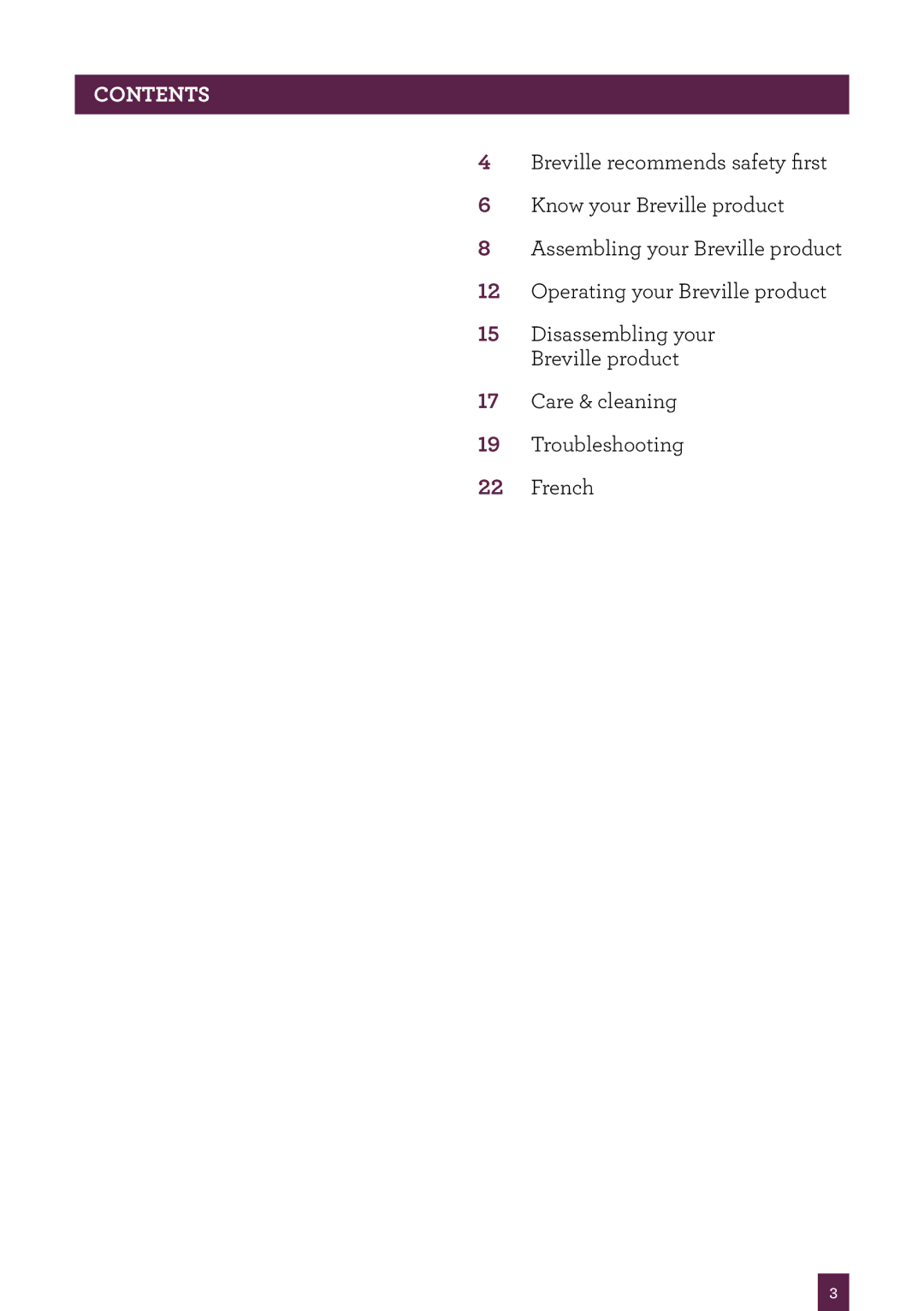 Breville BJS600XL manual Contents 