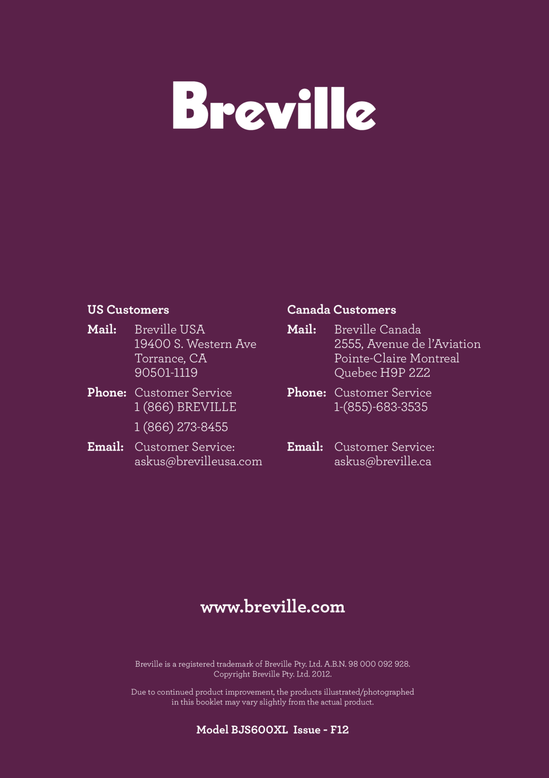 Breville BJS600XL manual US Customers, Canada Customers, Mail, Email 