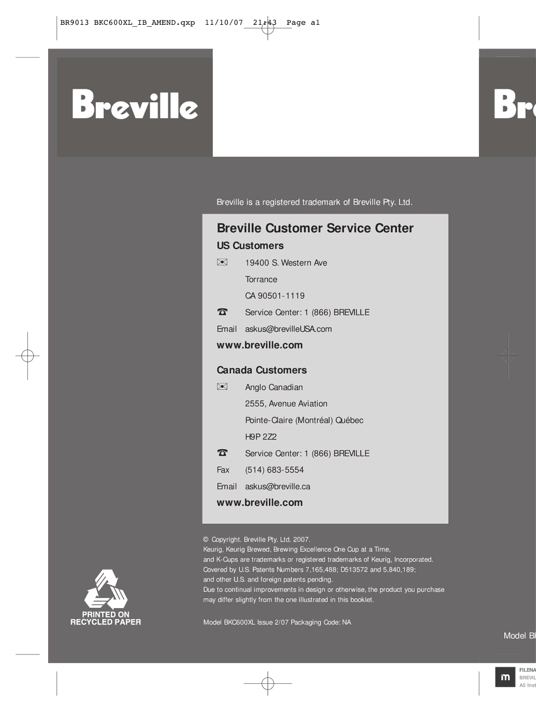 Breville BKC600XL manual Breville Customer Service Center 