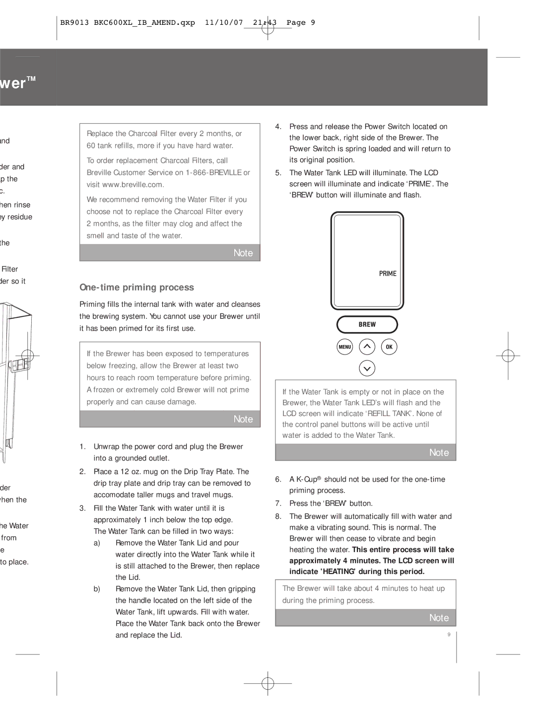 Breville BKC600XL manual Wer, One-time priming process, Der, To place 