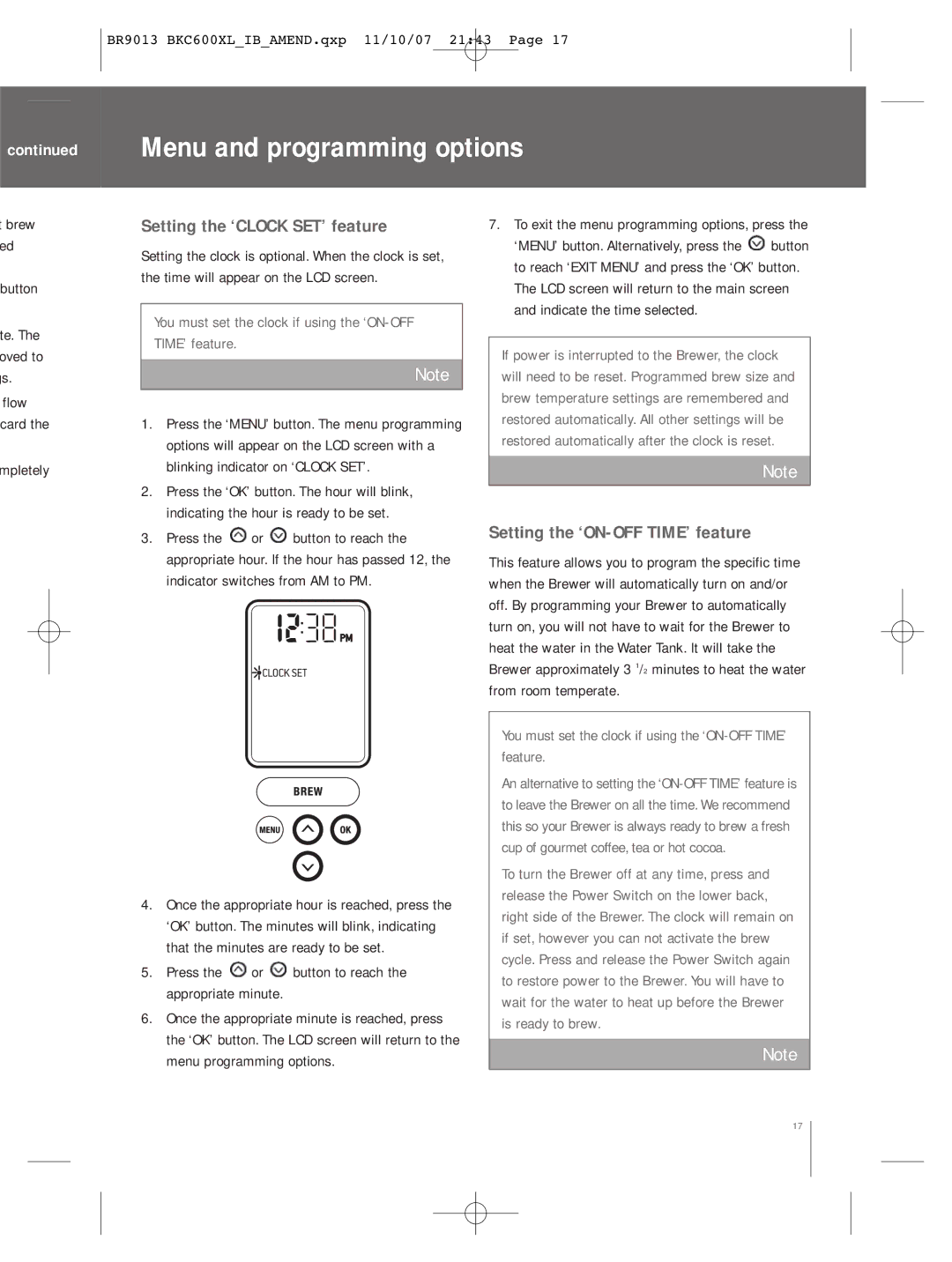 Breville BKC600XL manual Menu and programming options, Setting the ‘CLOCK SET’ feature, Setting the ‘ON-OFF TIME’ feature 