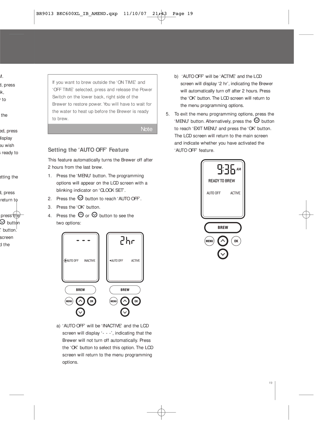 Breville BKC600XL manual Setting the ‘AUTO OFF’ Feature, Ready to Etting 