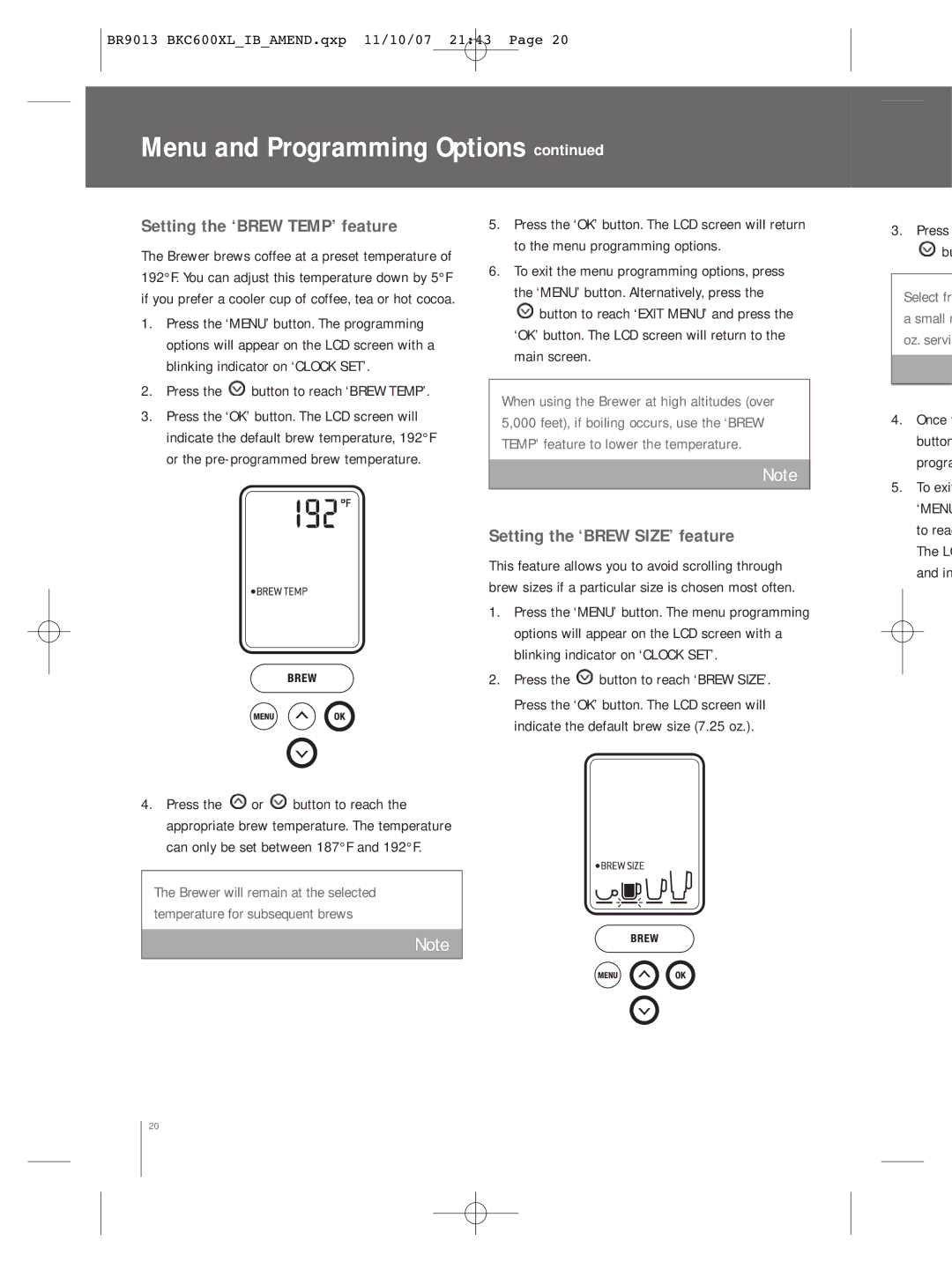 Breville BKC600XL Setting the ‘BREW TEMP’ feature, Setting the ‘BREW SIZE’ feature, Press the button to reach ‘BREW TEMP’ 