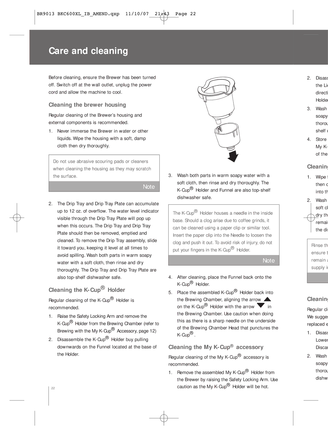 Breville BKC600XL Care and cleaning, Cleaning the brewer housing, Cleaning the K-CupHolder, Cleaning the My K-Cupaccessory 