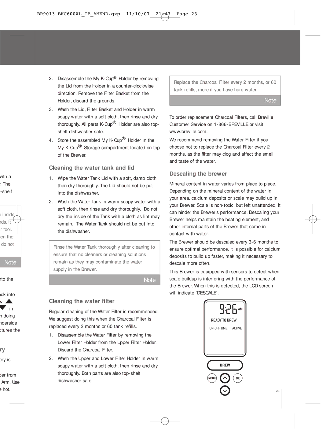 Breville BKC600XL manual Cleaning the water tank and lid, Cleaning the water filter, Descaling the brewer 