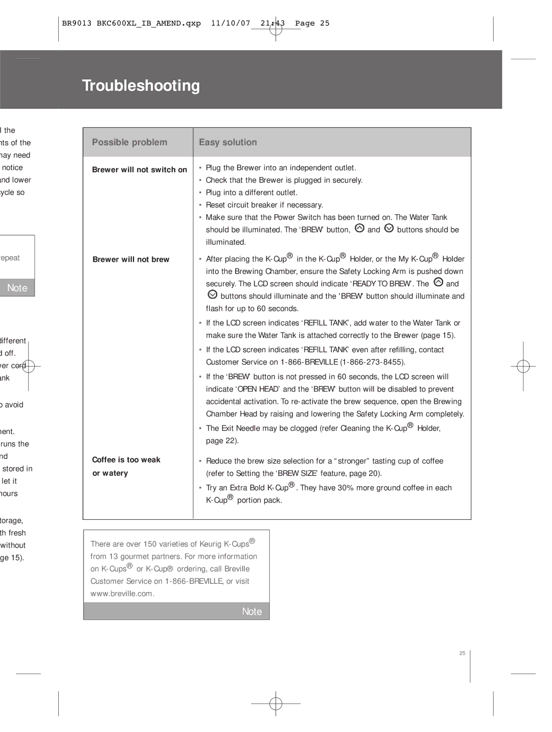 Breville BKC600XL manual Troubleshooting, Repeat, Different, Avoid Ment. runs the nd stored in let it hours 