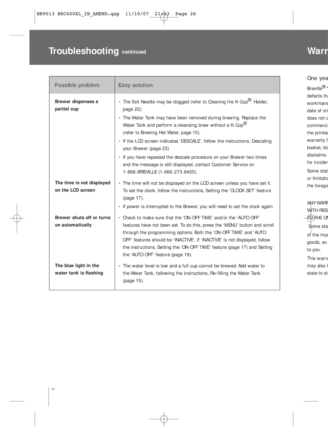 Breville BKC600XL manual Warr 